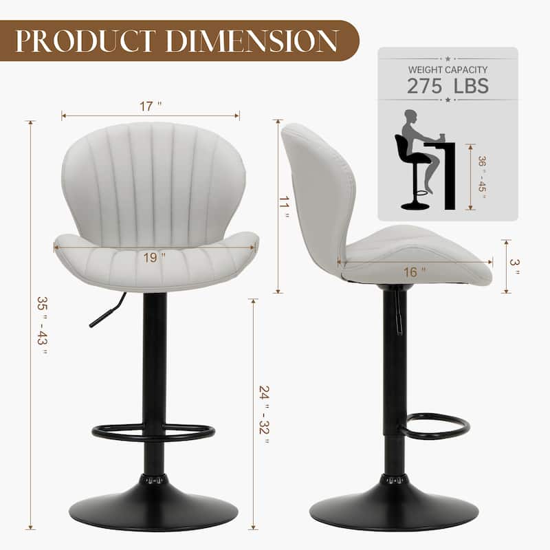 COLAMY 2 Adjustable Swivel Bar Stools - PU Leather High Back Counter Height Stools for Kitchen Island & Bar