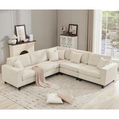 Oversized Sectional Sofa Set, L Shaped Corduroy Couch Deep Seat Chaise Lounge with 5 Throw Pillows for Living Room Loveseat