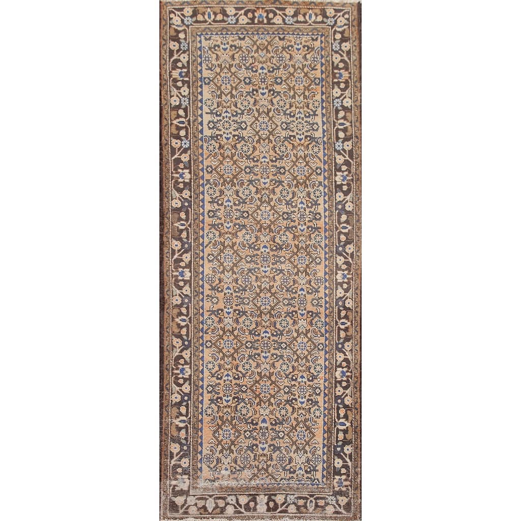 Hand Knotted Oriental 100% Wool Carpet Traditional All-Over Oranges & Rust Hamedan Runner Rug - 9' 8'' X 3' 7''
