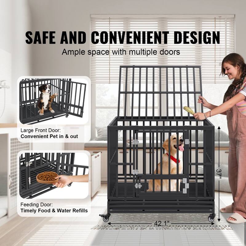 Black Indestructible Heavy Duty Carbon Steel Dog Crate with 3-Door and Lockable Swivel Wheels