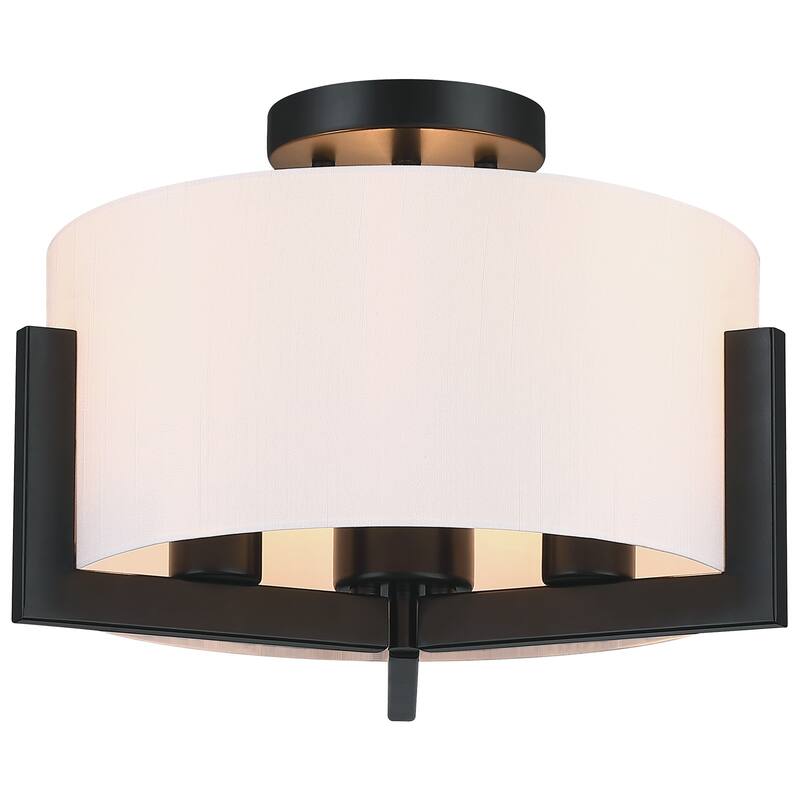 14 in. 3-Light Matte Black Semi-Flush Mount Ceiling Light with Drum Shade - 14"W