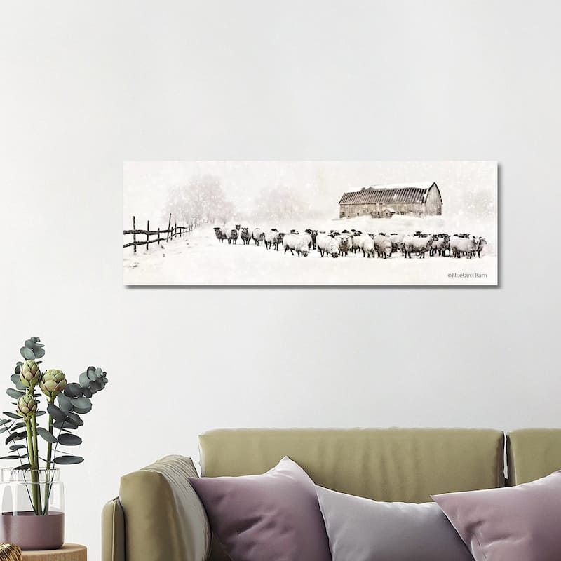 iCanvas "Warm Winter Barn with Sheep Herd" by Bluebird Barn Canvas Print - 16x48x1.5