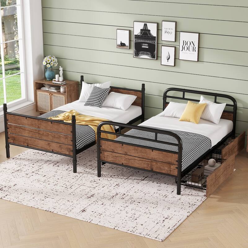 Detachable Twin XL Metal Bunk Bed with LED Lights, Charge Station, and Storage Drawers
