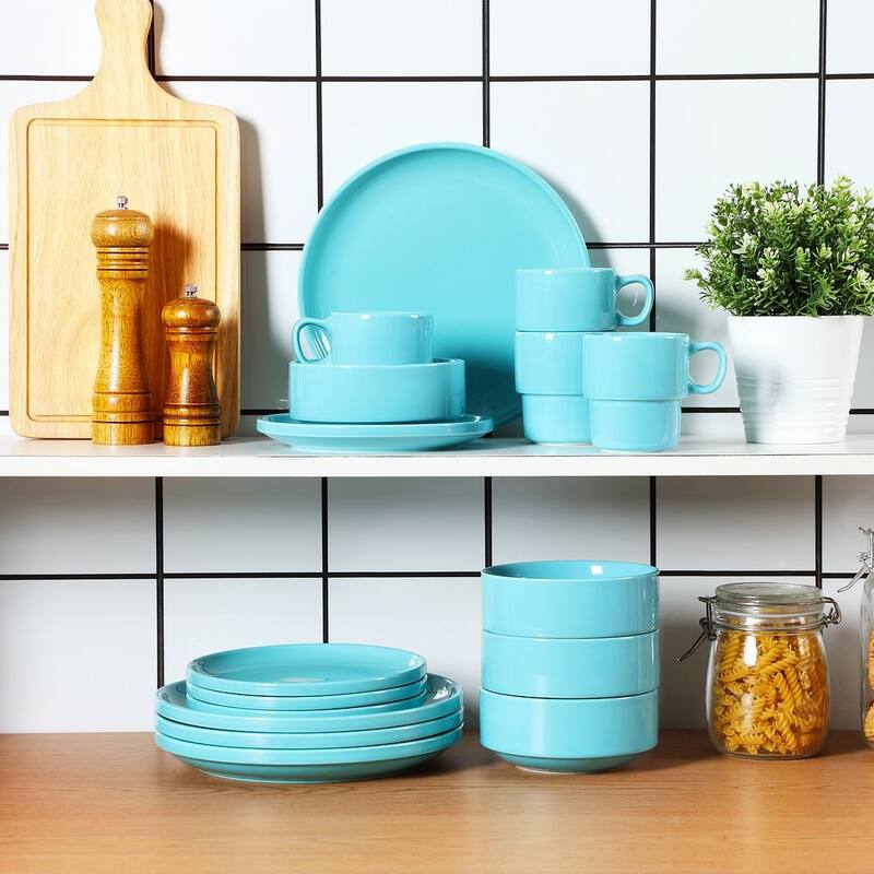 LOVECASA 16-Piece Round Dinnerware Set Stackable, Service for 4
