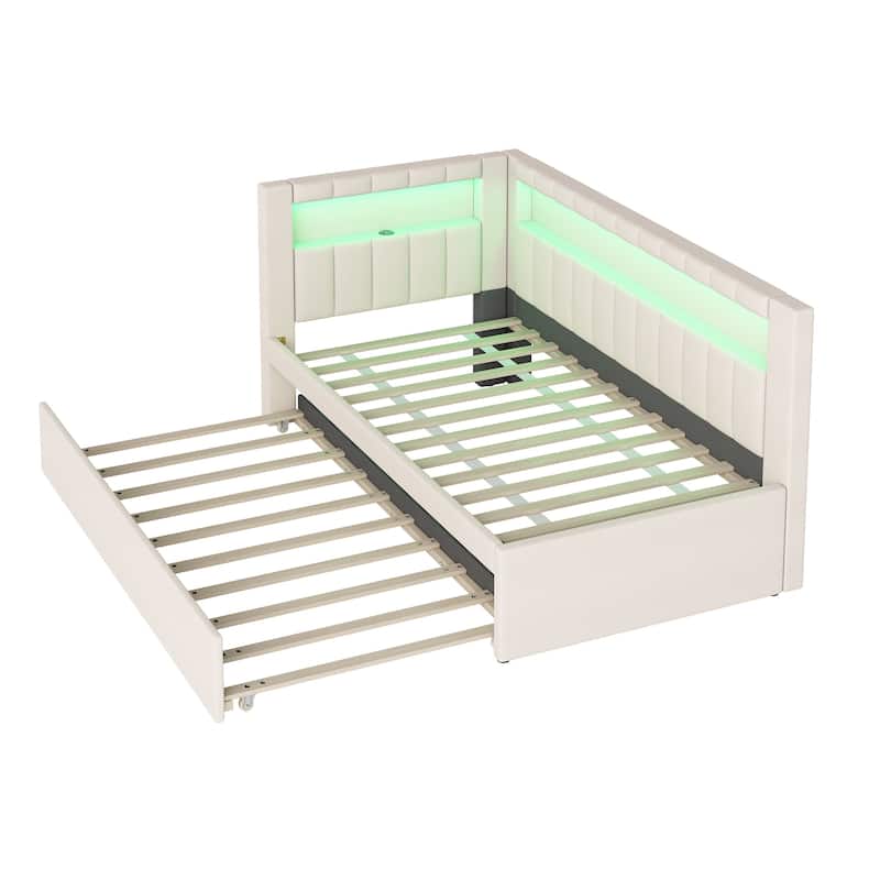 Twin Size Linen Platform Bed with LED Lighting and USB Ports and Includes Hidden Trundle (250lbs Capacity)