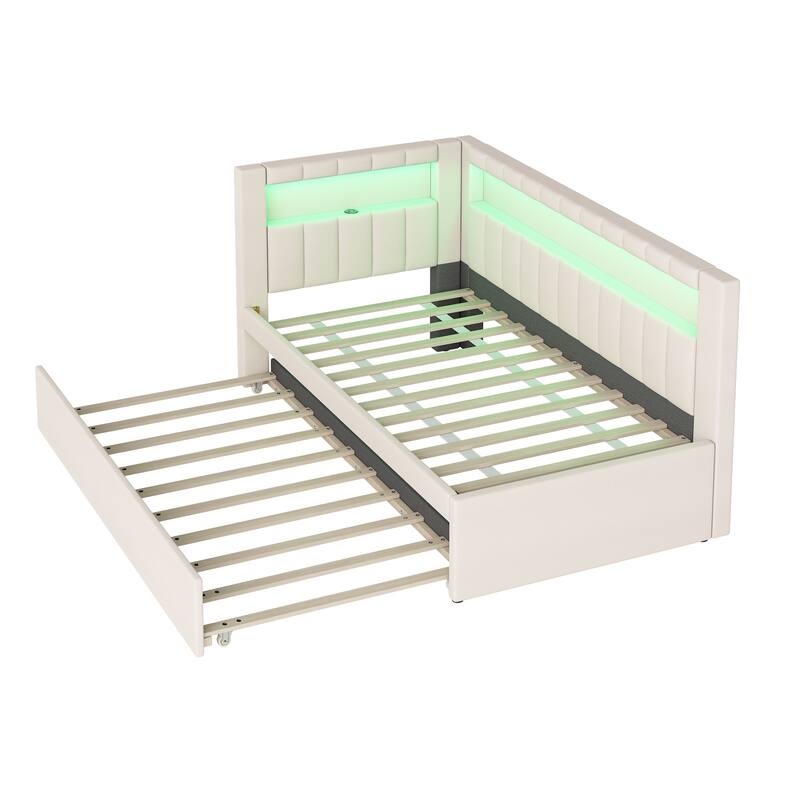 Twin Size Upholstered Platform Bed with USB Ports, LED Lighting, and Trundle, White