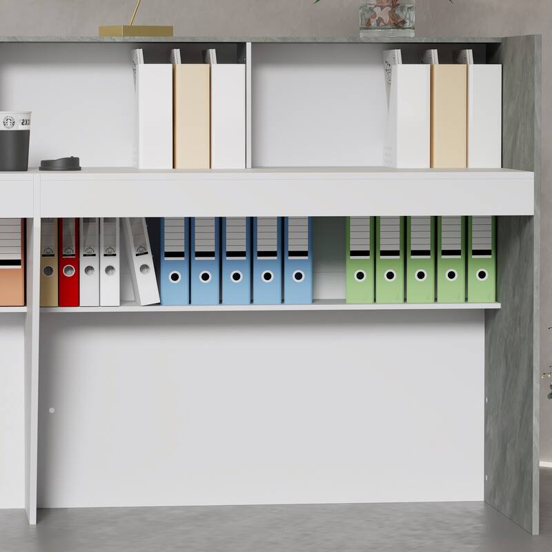 White and Marble Reception Desk with Spacious Work Surface and Shelving