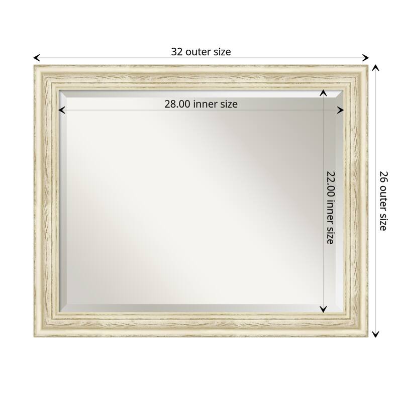 Beveled Wood Wall Mirror - Country White Wash Frame - Outer Size: 32 x 26 in - Outer Size: 32 x 26 in