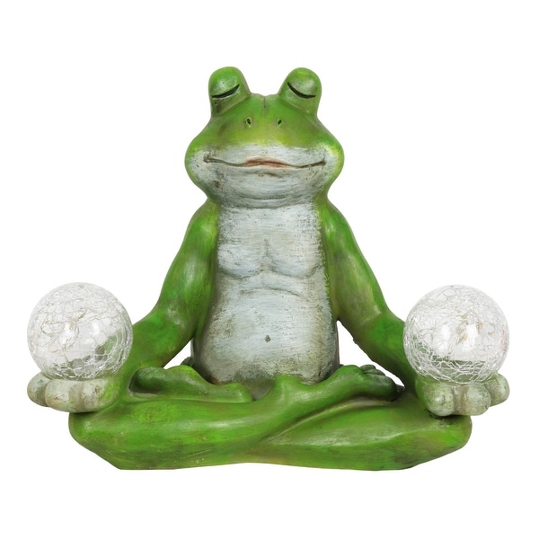 Exhart Solar Meditating Yoga Frog Holding Two Crackle Glass Balls Garden Statue, 6 by 9 Inches