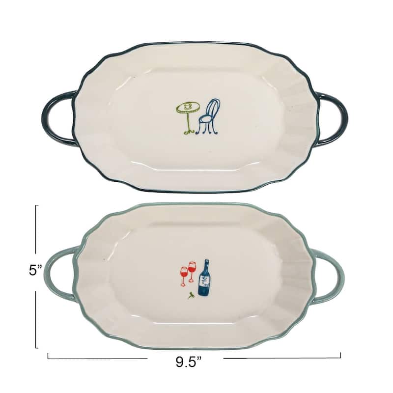 Stoneware Plate with Image in Two Styles - 9.6"L x 4.8"W x 1.3"H