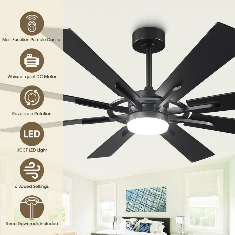 72" Matte Black Large Windmill Farmhouse Integrated LED Ceiling Fan with Light and Remote - 72"Wx12.8"H