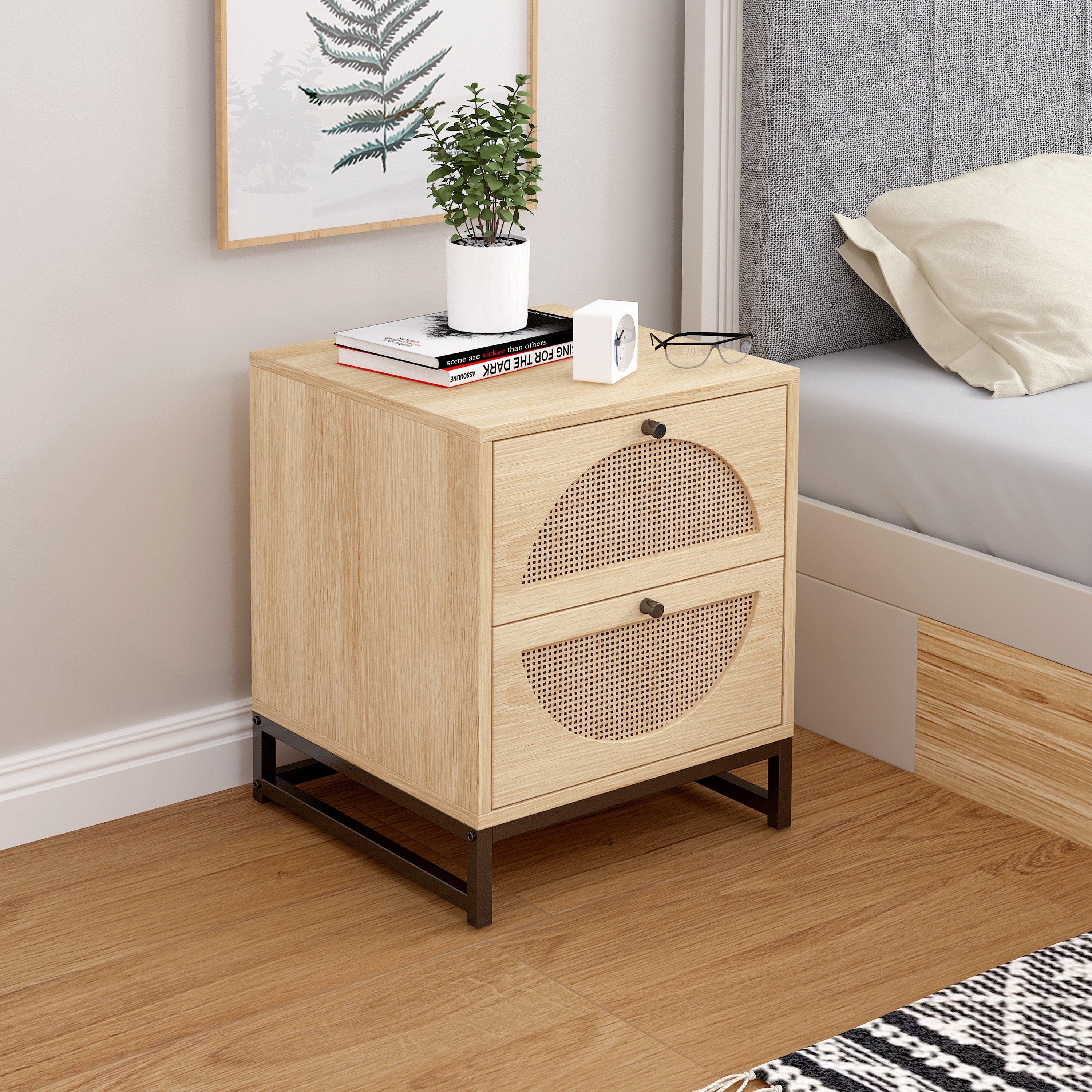 Natural wood nightstand outlet set of 2