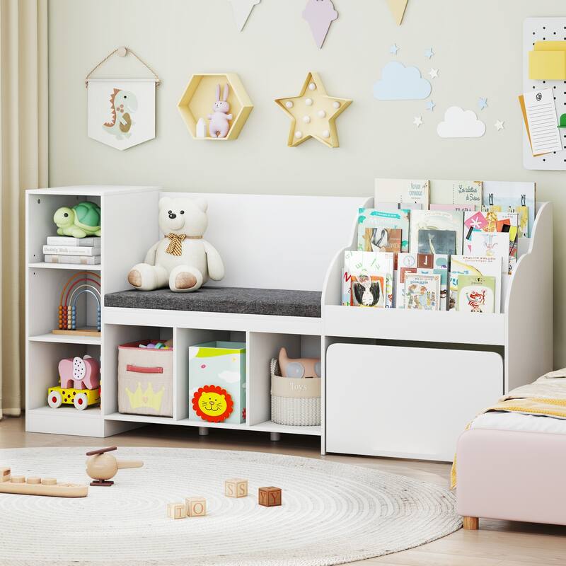 White 3-Tier Adjustable Kids Bookshelf Toy Organizer with Reading Nook and 6 Storage Cubes - 67" x 16" x 32"