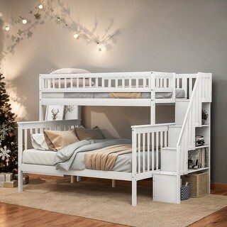 Twin over Full Pine Bunk Bed with Storage Stairway, Convertible Bed ...