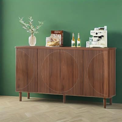 Modern Walnut Buffet Cabinet with Semicircle Doors and 4 Tier Storage for Living or Dining Room - 59.44" x 14.17" x 33.85"