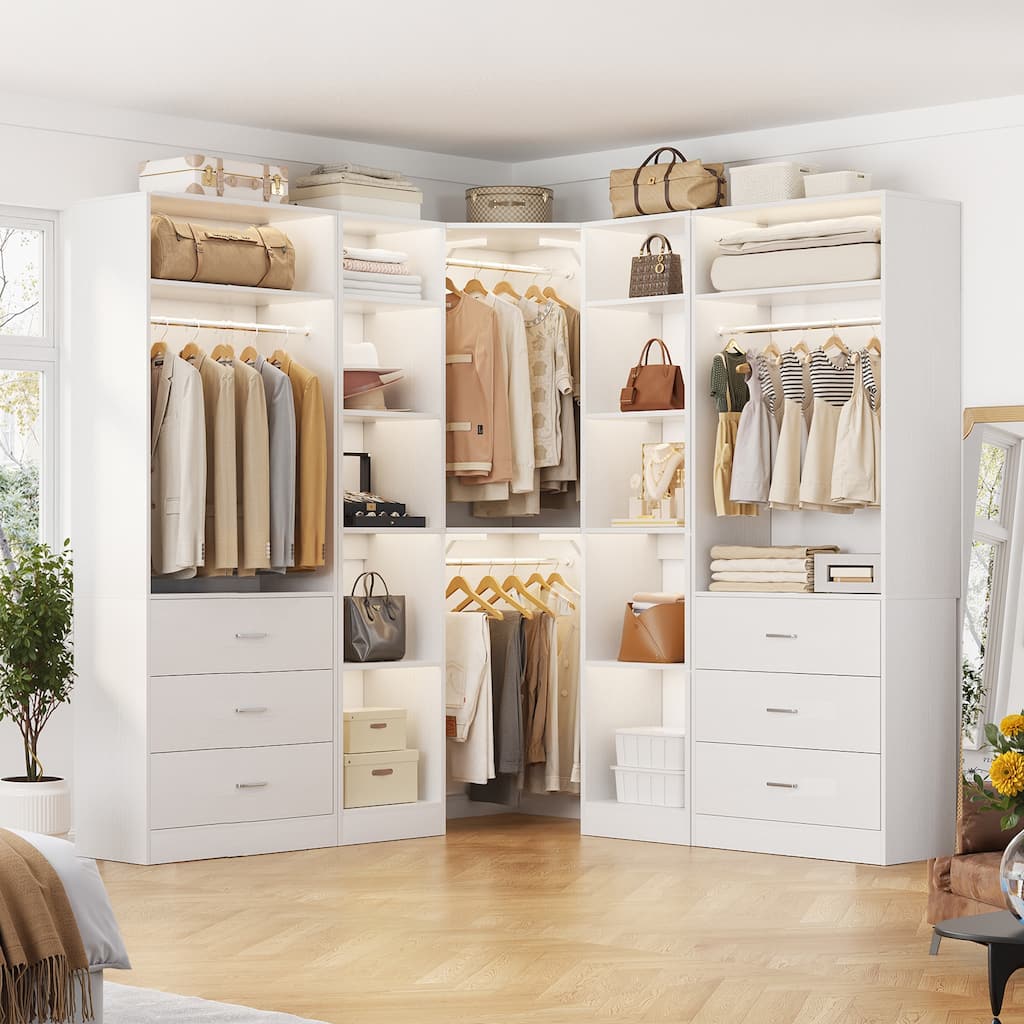 Corner Closet System with 6 Drawers & 4 Hanging Rods,Set of 3,Reversible Walk-in Closet Organizer System with Adjustable Shelves