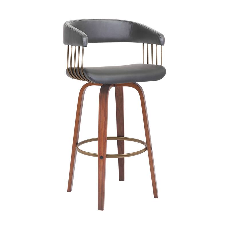 Maya 31 Inch Swivel Barstool Chair, Gray Faux Leather, Bronze, Walnut Brown