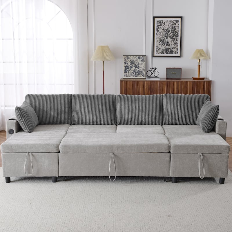 113.4" Sectional Sofa Pull-out Sofa Bed with Storage Space,Two USB Ports and Cup Holders