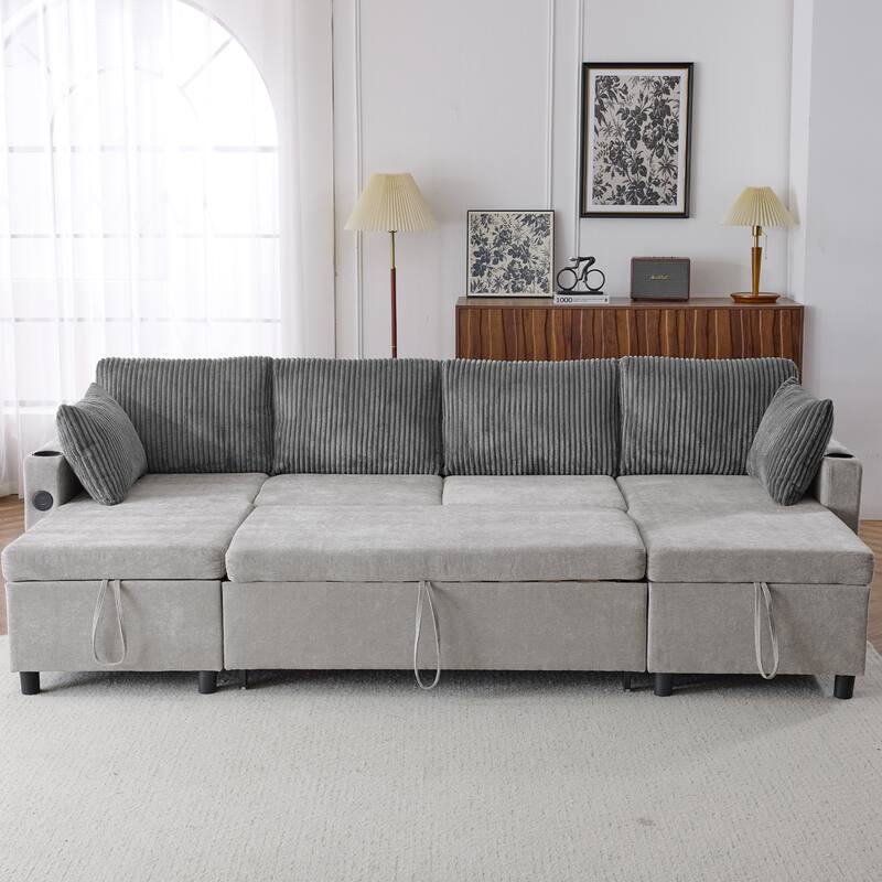 Roomfitters 113 Inch U-Shaped Sectional Sleeper Sofa with Storage Chaise and USB Ports, Chenille