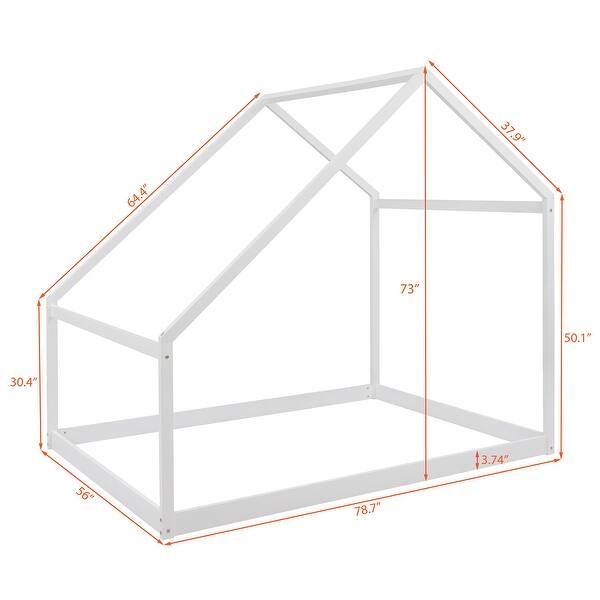dimension image slide 0 of 6, Wooden Twin/Full Bed Frames with Roof, Montessori House Shaped Floor Bed for Kids Girls Boys, Sturdy Framework, Easy Assembly