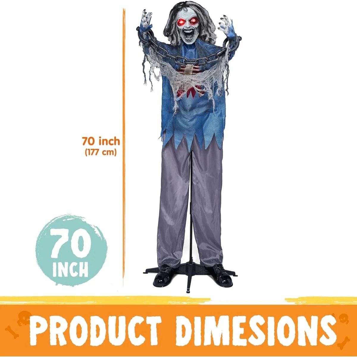 70" Halloween Decorations Standing Zombie Animatronics Decor with Chain
