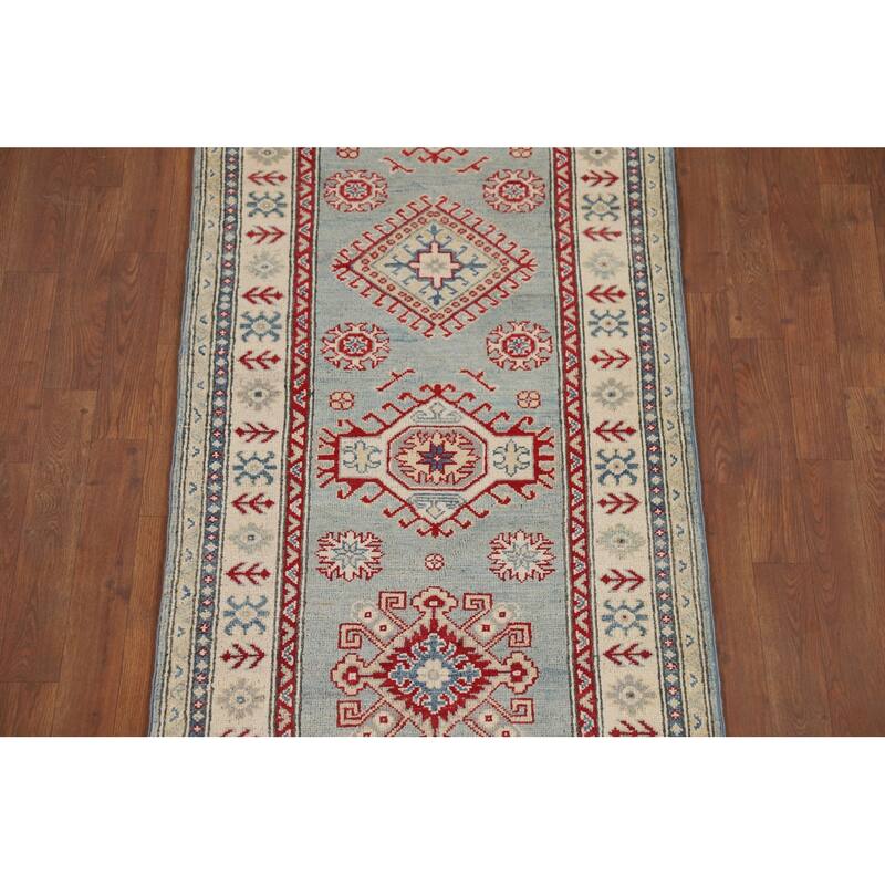 Light Blue Kazak Runner Rug Hand-Knotted Geometric Wool Carpet - 2'7" x 13'1"