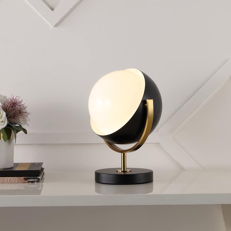 Elicia 12" Vintage Classic Metal/Acrylic Adjustable Orb LED Floor Spotlight, Black/Brass Gold, by JONATHAN Y