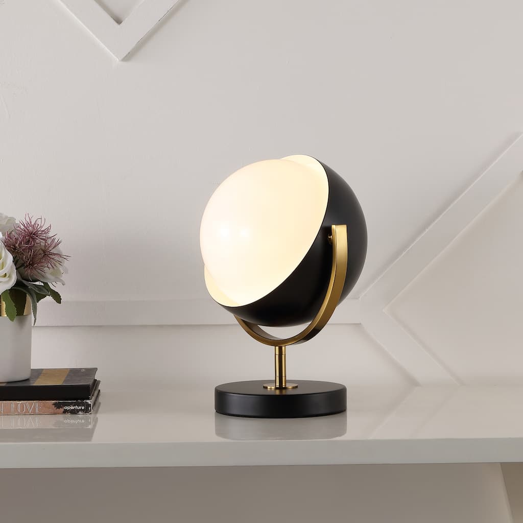 Elicia 12" Vintage Classic Metal/Acrylic Adjustable Orb LED Floor Spotlight, Black/Brass Gold, by JONATHAN Y