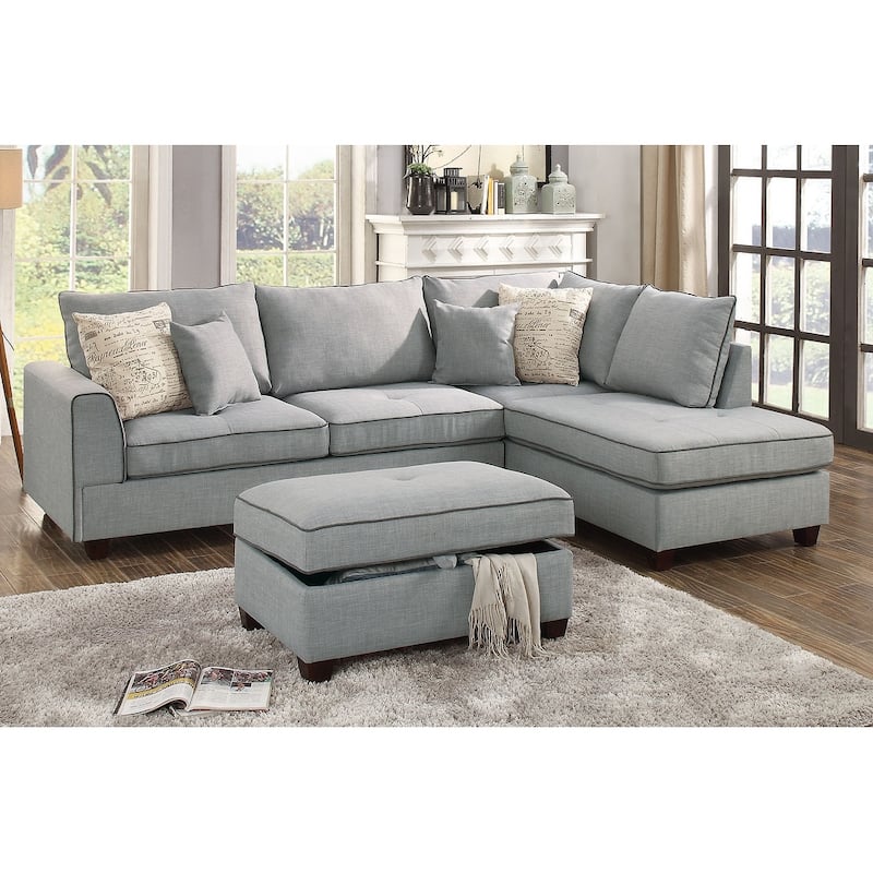 Bobkona Polyfabric Reversible Chaise Sectional with Storage Ottoman set.