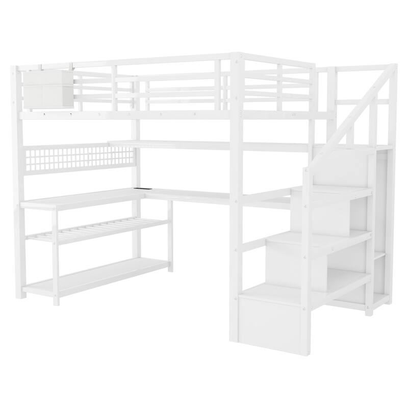 Roomfitters Full Metal Loft Bed, L-Shaped Desk and LED Staircase Wardrobe with Charging Station for Girls Bedroom
