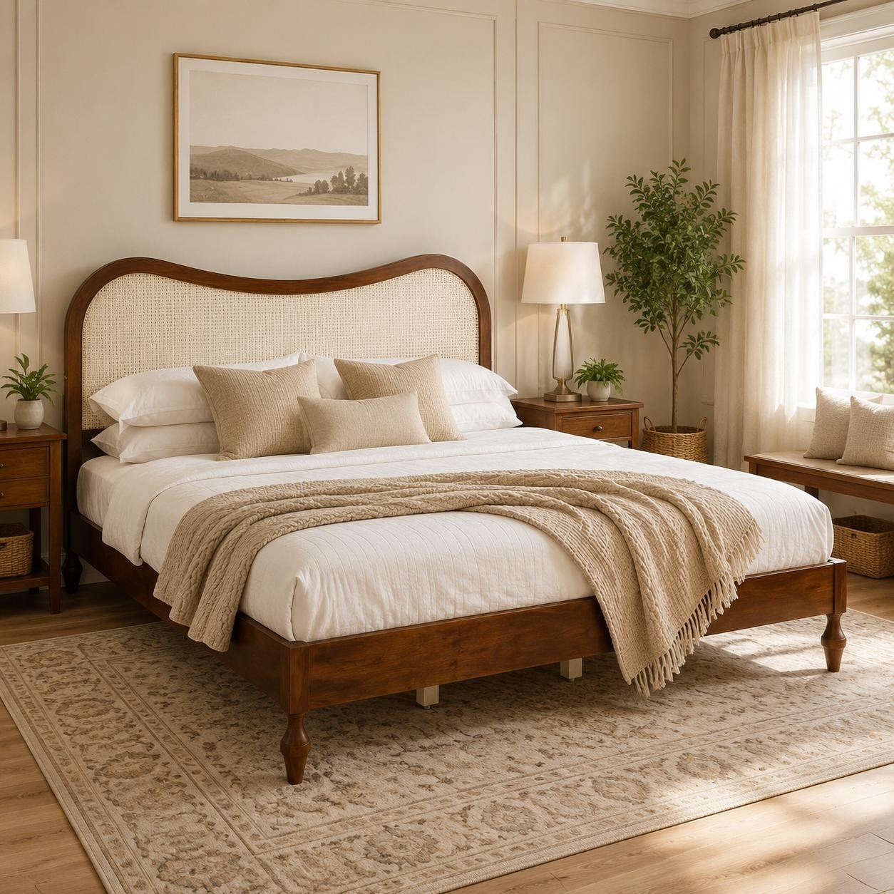 Modern Platform Bed Frame with Curved Rattan Cane Headboard by Harper&Bright Designs
