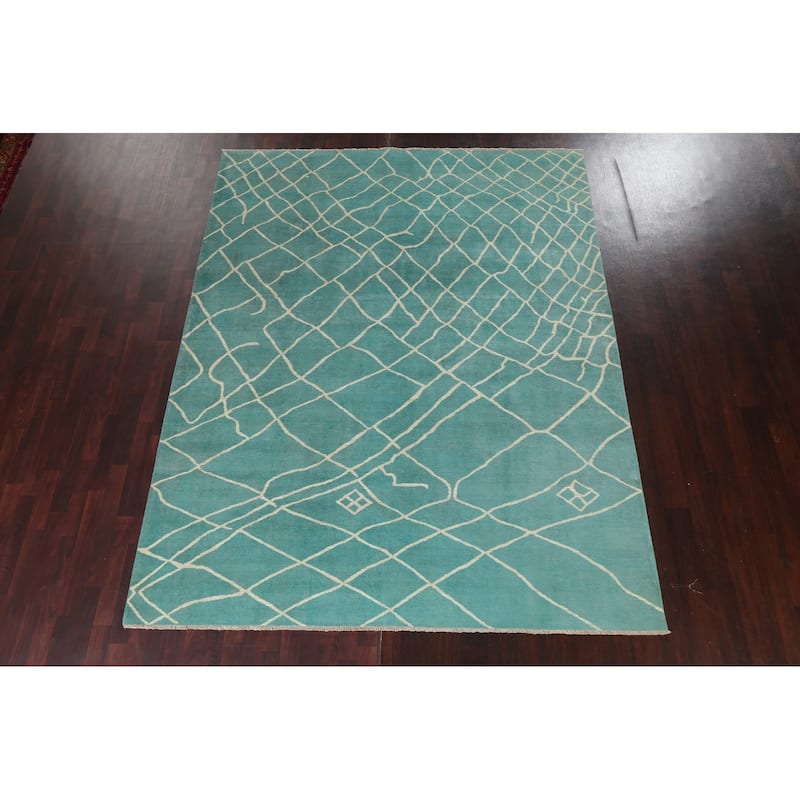 Modern Turquoise Moroccan Vegetable Dye Area Rug Handmade Wool Carpet - 7'9" x 9'10"