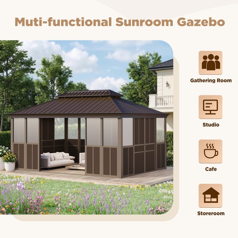 Hardtop Sunroom with Double Steel Roof, Sliding/Lockable Doors & Screens - All-Season Rustproof Aluminum Frame,Advanced Drainage