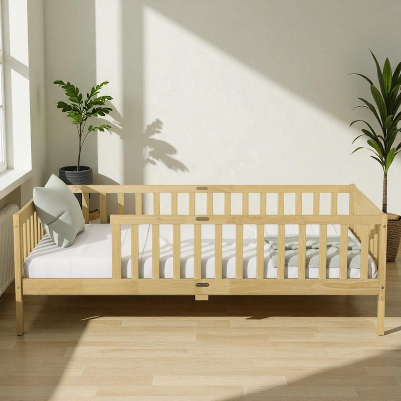 Twin Size Wooden Floor Bed with Fence, Solid Rubber Wood Montessori Bed Frame with Safety Guardrails for Kids
