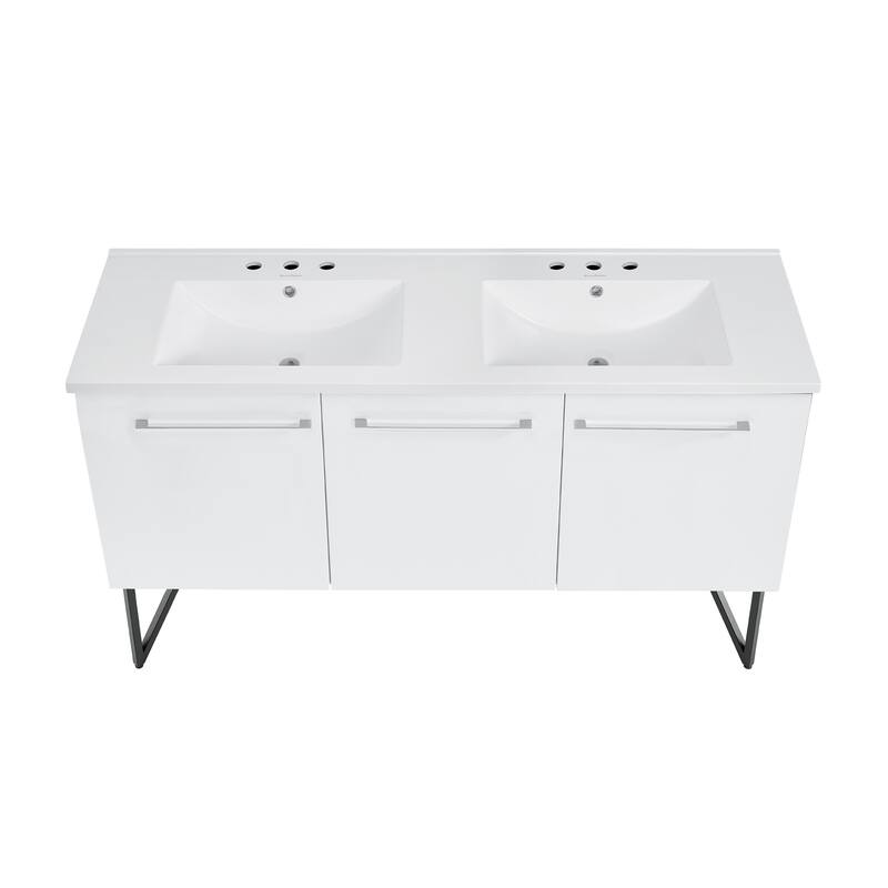 Annecy 60 In. White, Double Basin Bathroom Vanity With White, 3-Hole ArtificialStone Sink Top