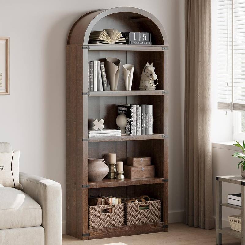 71.65" Tall Farmhouse 5-Tier Arched Bookcase, Display Storage Shelf - N/A