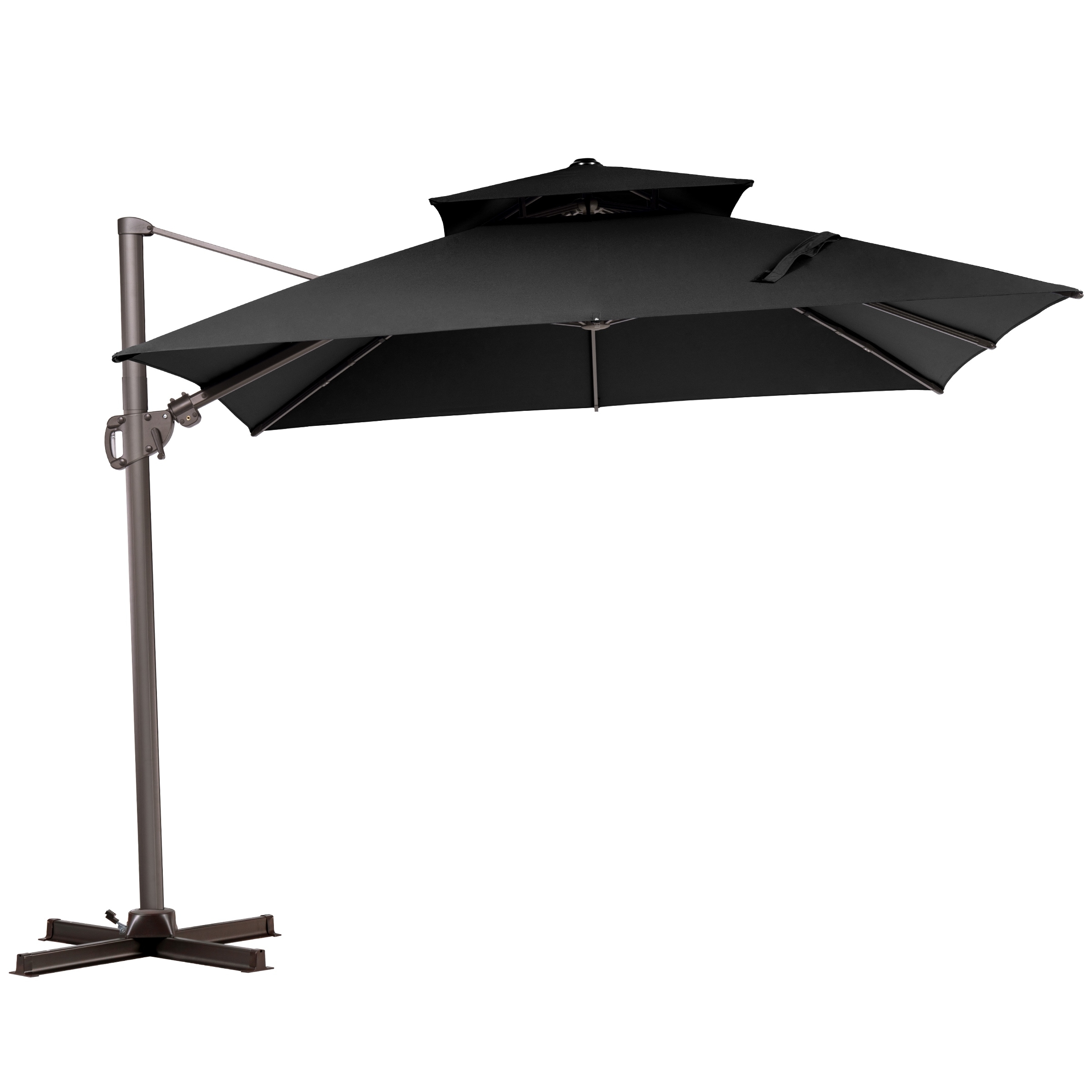 corliving patio umbrella with solar power led lights CorLiving Pegasus 9Ft Round Tilting Patio Umbrella, Solar Powered LED Lights,  Powder-Coated Steel Frame