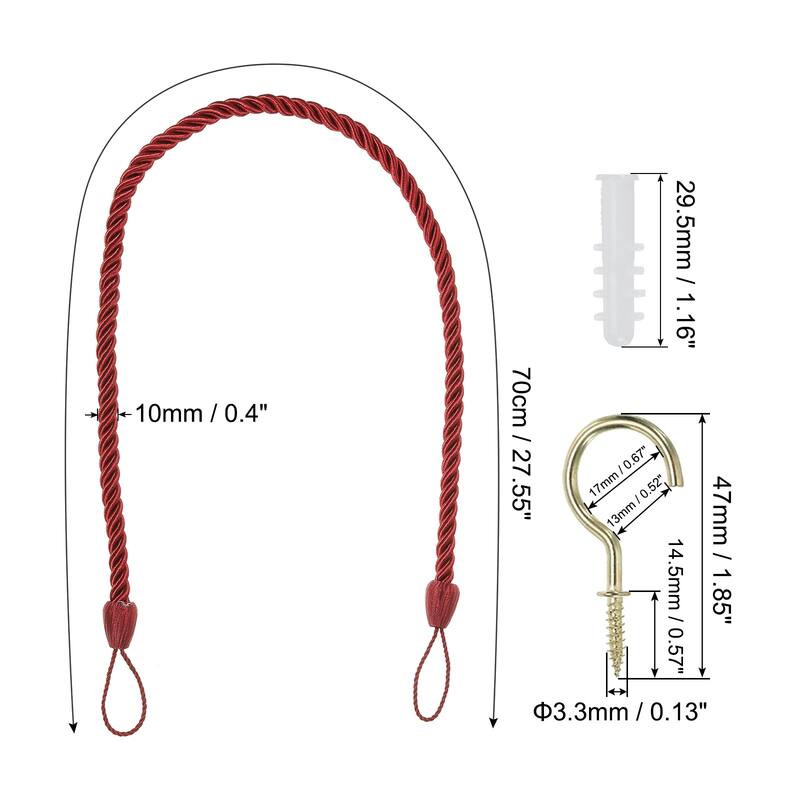 6pcs Curtain Tiebacks Ropes, Decorative Tie Backs with Hooks & Bolts - Red