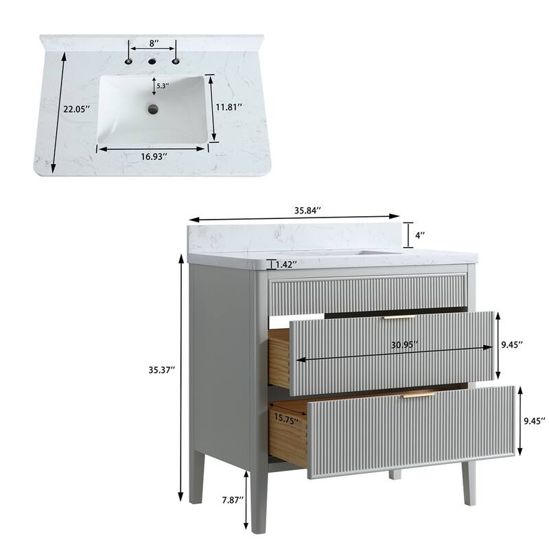 36'' Freestanding Single Sink Bathroom Vanity with Solid Wood - Grey