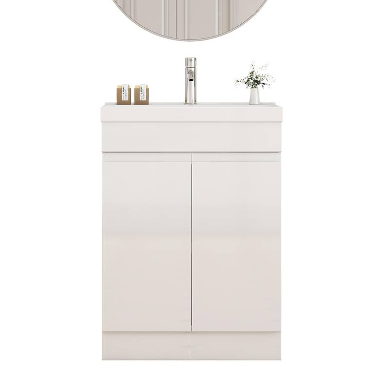 Modern Bathroom Vanity 24 Inch, All-in-One with Sink, Mirror & Handle-Free Storage, Soft-Close and Easy Assembly