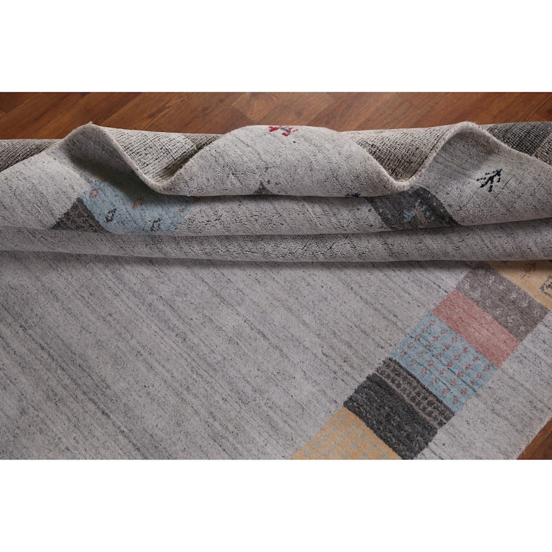Tribal Gabbeh Indian Area Rug Hand-Knotted Grey Wool Carpet - 5'4" x 7'8"