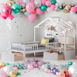 Twin Size House Bed with Sofa,Station,Shelves,Two Drawers
