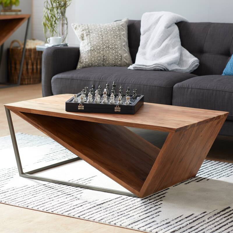 Brown Wood Diagonal Open Frame Living Room Coffee Table with Gray Metal Base - Brown