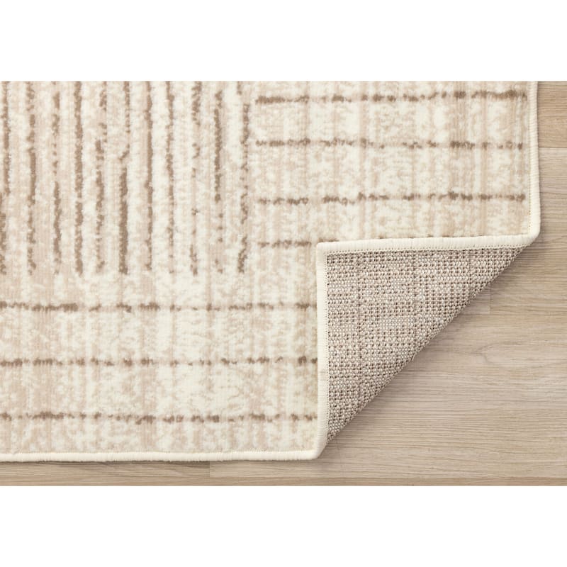 Beige Cream Geometric Stripes High-Traffic Rug