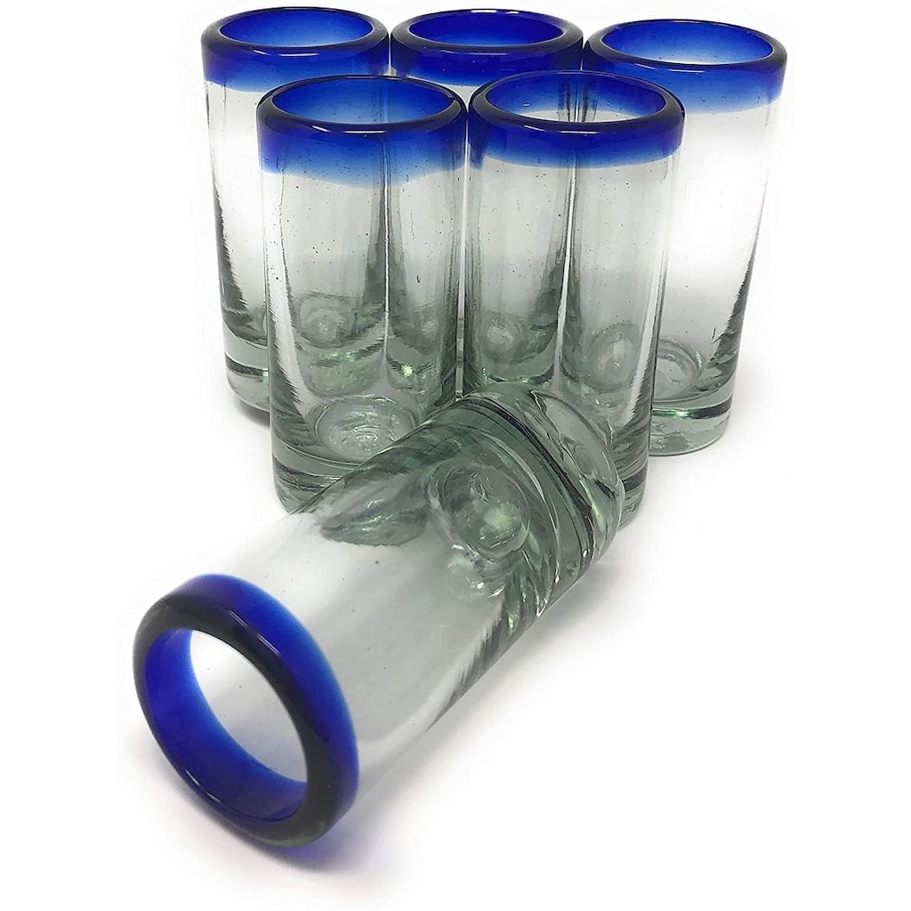 Dos Suenos Hand Blown Mexican Tequila Shot Glasses - Set of 6 Cobalt Blue Rim Tequila Shot Glasses (2 oz each)