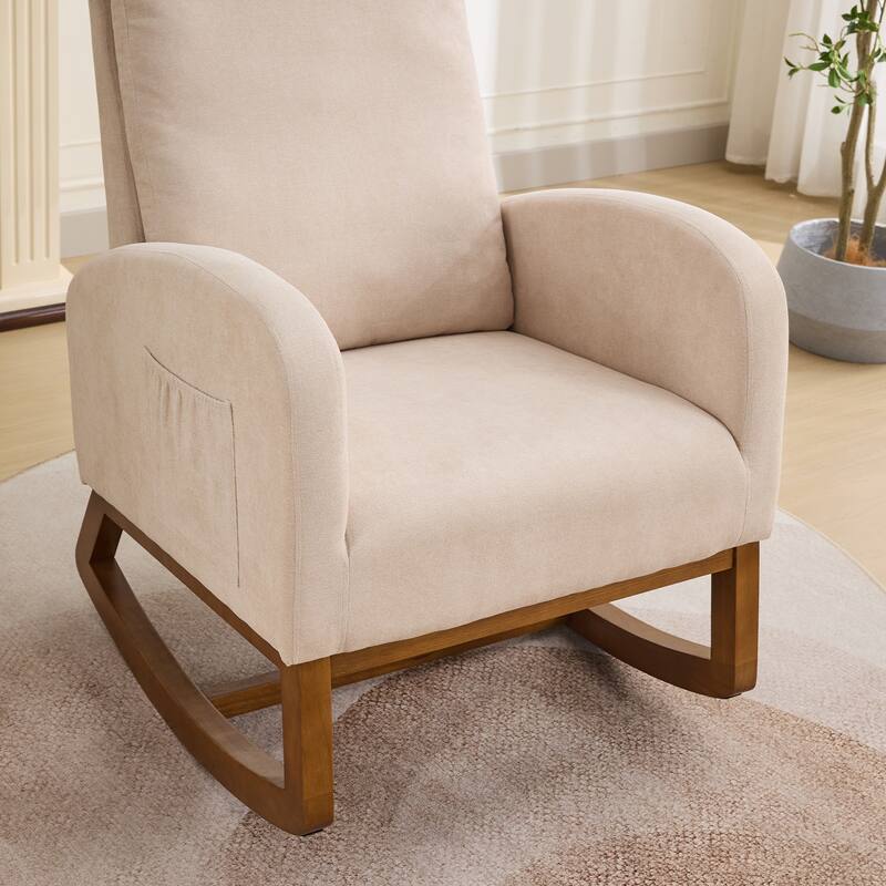 27.2"W Rocking Chair, Polyester Glider Chair with High Back Side Pocket, Rocking Accent Armchair with Rubber Wood Legs