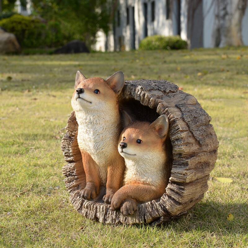 Fox Couple in Stump Outdoor Garden Statue - 11.5"