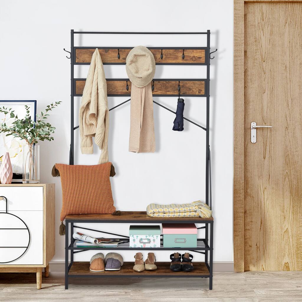 3-in-1 Entryway Hall Tree with Bench, Industrial Entryway Coat Rack W/ Storage Shelves, Metal Hooks for Umbrella,Bag