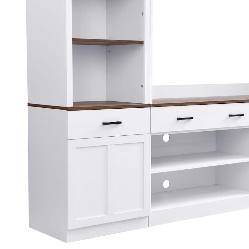Roomfitters Mid-Century 4-Piece Entertainment Wall Unit with Bookshelves, TV Stand for TVs up to 70" withShelves and Wine Rack