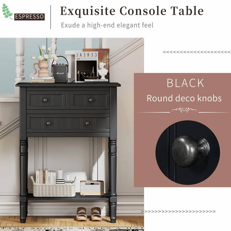 Narrow Console Table with 3 Drawers and Bottom Shelf